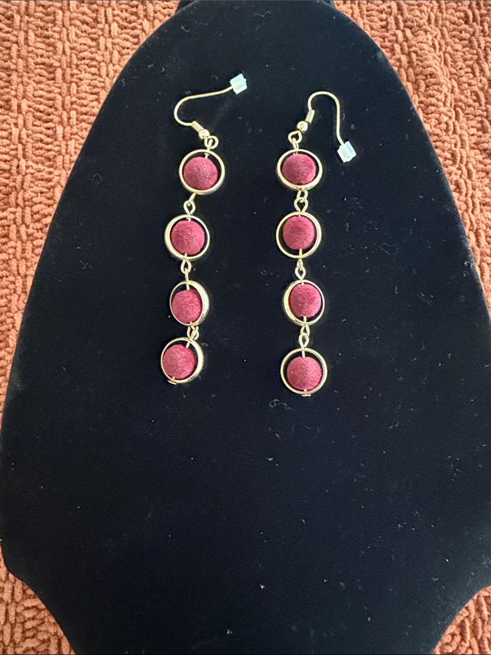 Gold-Tone Drop Earrings with Dark Pink Discs